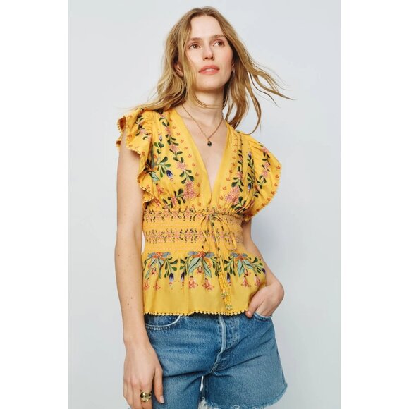 R-68. FARM Rio Delicate Flowers & Stripes Blouse Large - Picture 1 of 1